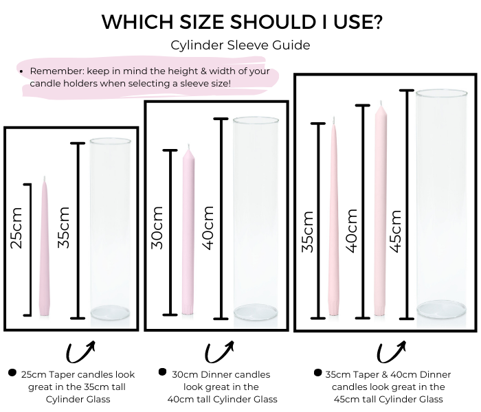 infographic of taper candles and matching glass cylinder sleeve sizes